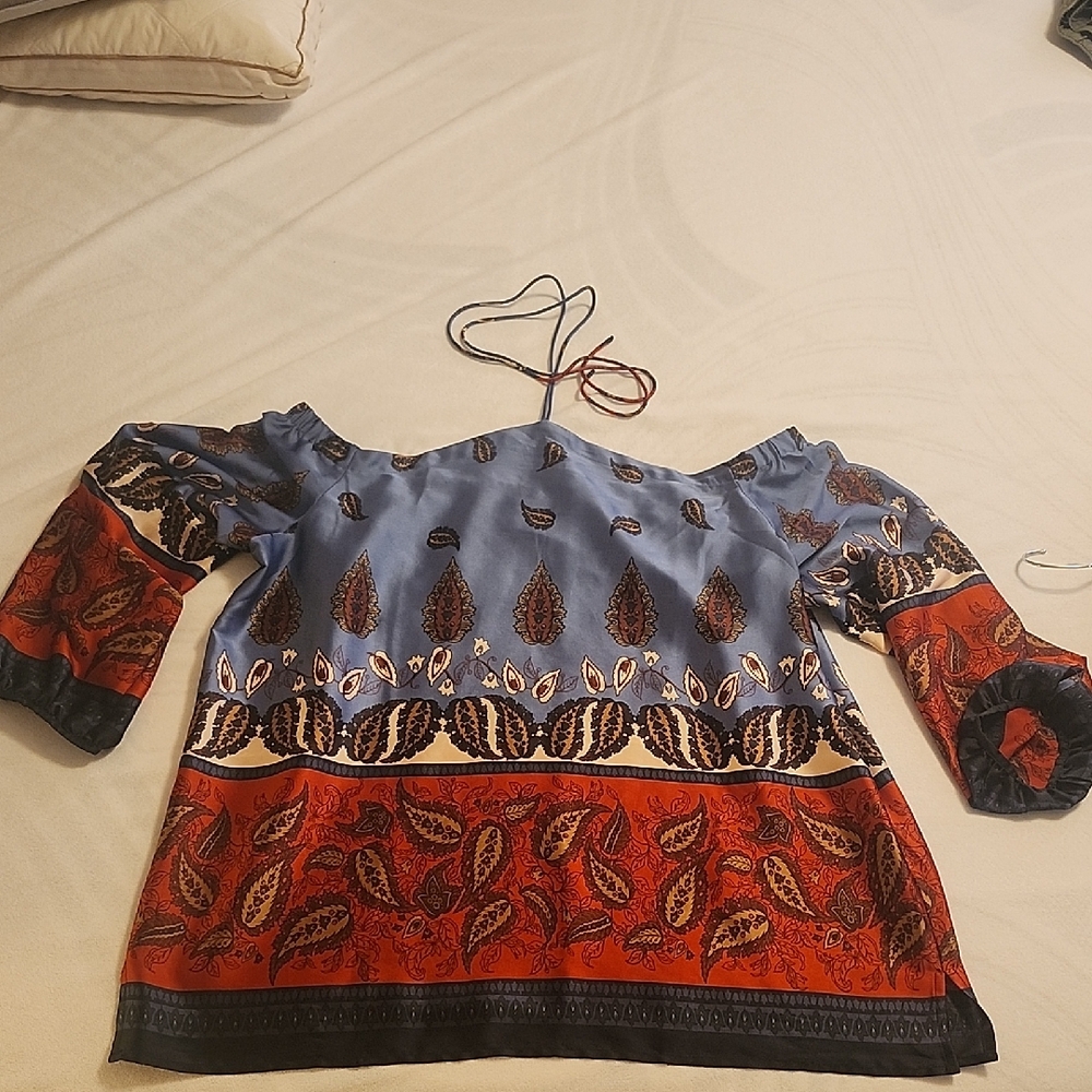 Large LOFT Blue and Red Patterned Hankerchief  Flowy Blouse